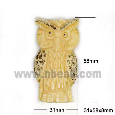 antique cattle bone beads, owl charm, yellow