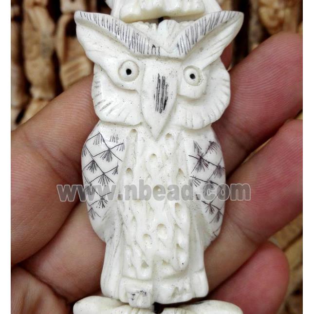 antique cattle bone beads, owl charm, white