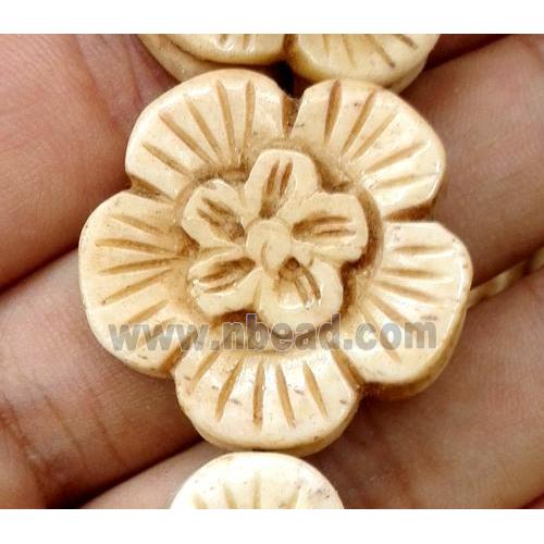 antique cattle bone beads, flower, yellow