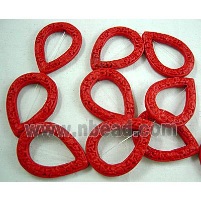 Cinnabar (imitation) beads, Red, Flat Teardrop, Carved  Flower