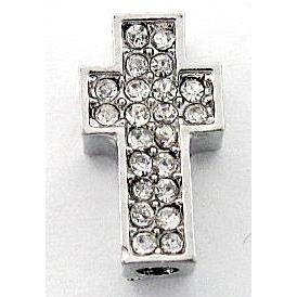 Bracelet bar, cross, alloy connector with rhinestone, platinum plated