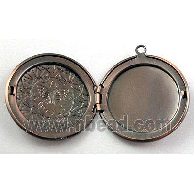 necklace Locket pendant, flat-round, copper, Red copper plated