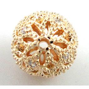 Hollow Alloy bead pave Zircon, round, lt.gold plated