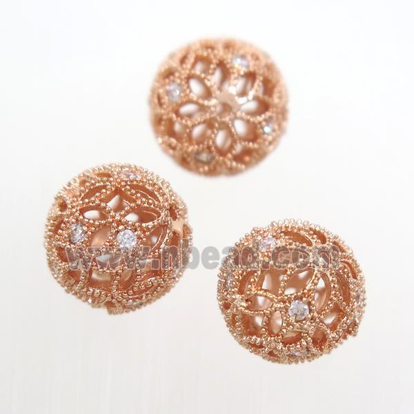 Hollow Alloy bead pave Zircon, round, rose gold