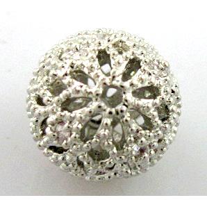 Hollow alloy bead pave Zircon, round, platinum plated