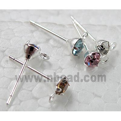 Silver Plated Copper Earring Pin, Nickel Free, mix color rhinestone