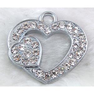 heart Pendants, rhinestone, alloy, platinum plated