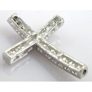 bracelet spacer, alloy cross with rhinestone, platinum plated