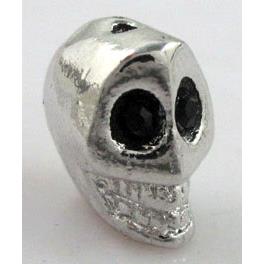 skull charm for bracelet, alloy bead with rhinestone, platinum plated