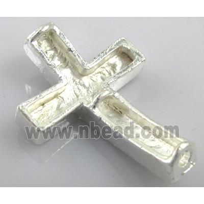 bracelet spacer, alloy cross with rhinestone, silver plated