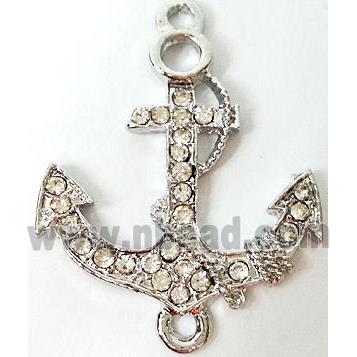 anchor charm, Bracelet bar, alloy connector with rhinestone, platinum plated