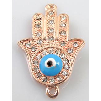 Hamsahand, evil-eye bracelet bar, alloy connector with rhinestone, red copper pl