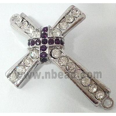 bracelet bar, cross, alloy bead with rhinestone, platinum plated