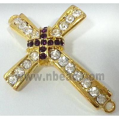 bracelet bar, cross, alloy bead with rhinestone, gold