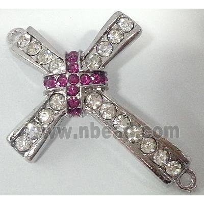 bracelet bar, cross, alloy bead with rhinestone, platinum plated