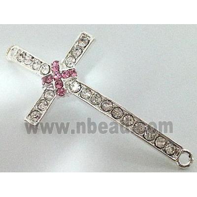 bracelet bar, cross, alloy bead with rhinestone, platinum plated