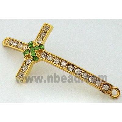 bracelet bar, cross, alloy bead with rhinestone, gold