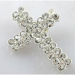 bracelet bar, cross, alloy bead with rhinestone, silver plated