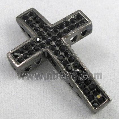 bracelet spacer, cross, alloy bead with rhinestone, black