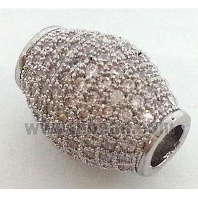 copper bead with zircon rhinestone, oval, platinum plated