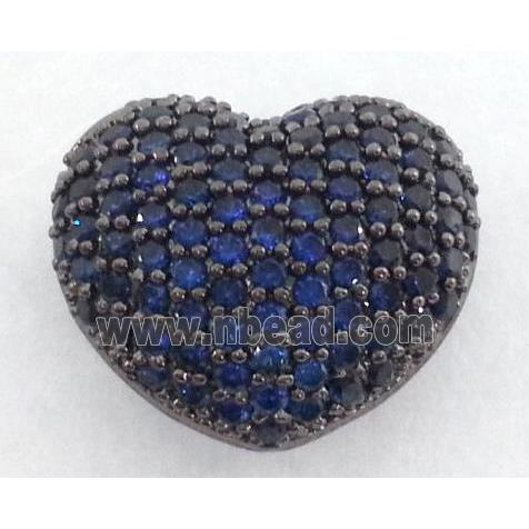 paved zircon copper bead, heart, blue, black plated