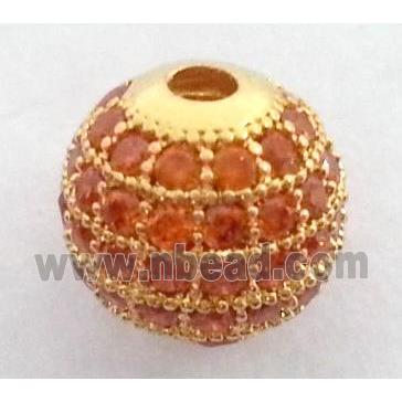 paved zircon copper bead, round, gold plated