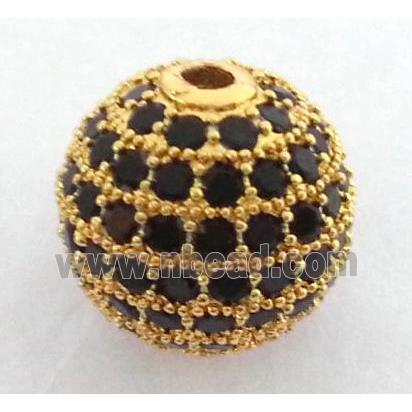 paved zircon copper bead, round, gold plated