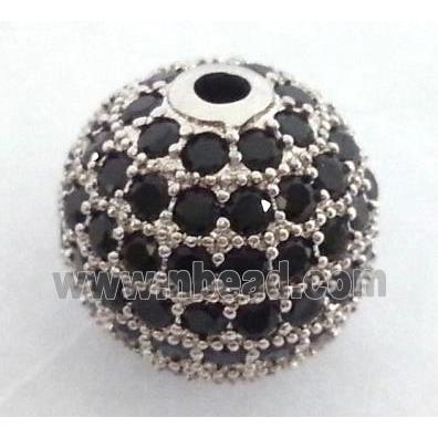 paved zircon copper bead, round, platinum plated