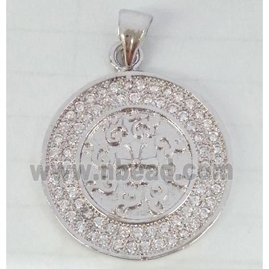 Copper Circle Pendant Pave Zircon Platinum Plated