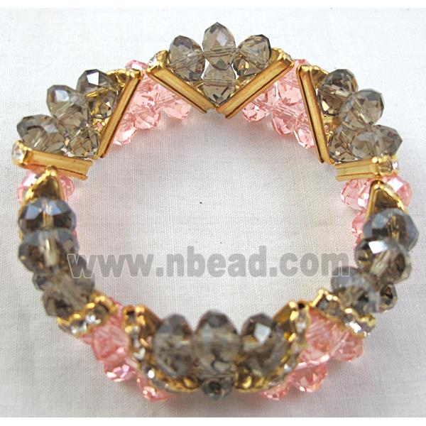 Chinese Crystal Glass Bracelet, rhinestone, stretchy, pink, smoky