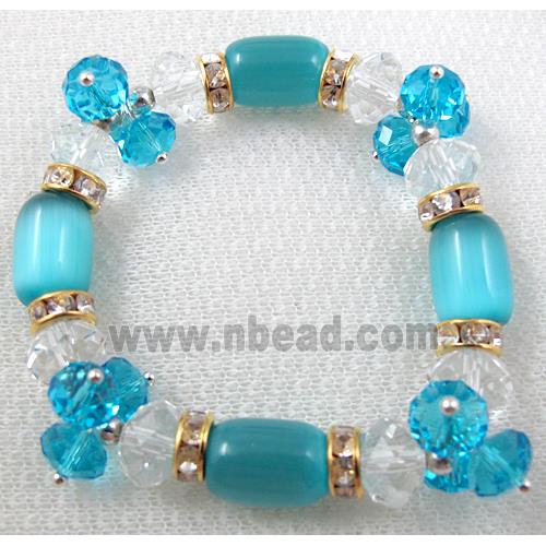 stretchy Bracelet with Chinese crystal beads, rhinestone, cat eye beads, aqua