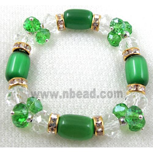 stretchy Bracelet with Chinese crystal beads, rhinestone, cat eye beads, green