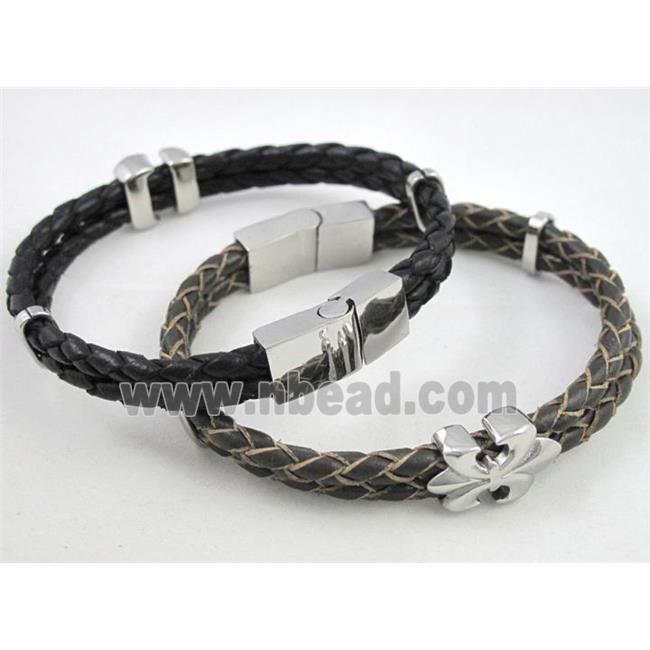 leather bracelet with stainless steel, handmade, mixed