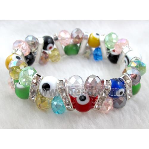 lampwork glass bracelet with crystal beads, stretchy, evil eye