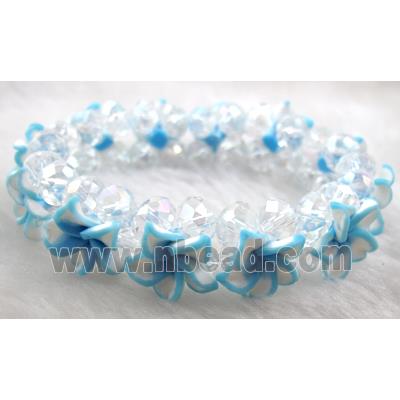 Fimo clay bracelet with crystal glass, stretchy, aqua