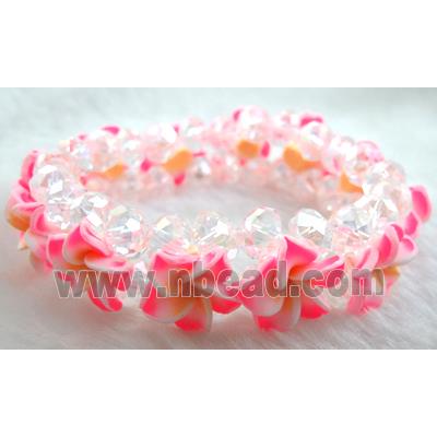 Fimo clay bracelet with crystal glass, stretchy, pink