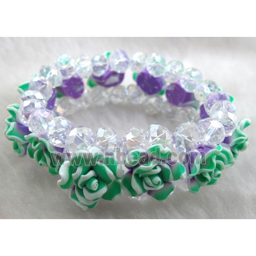 fimo clay bracelet with crystal glass, stretchy, green