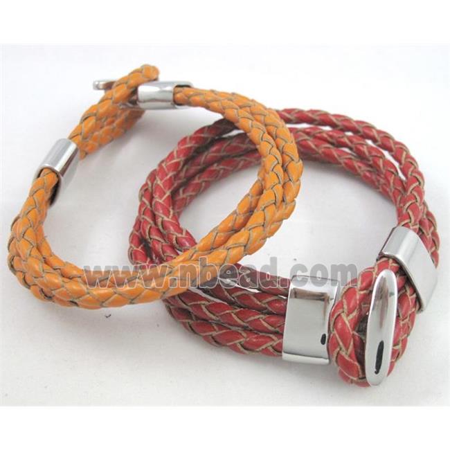 leather bracelet with stainless steel clasp, handmade, mixed