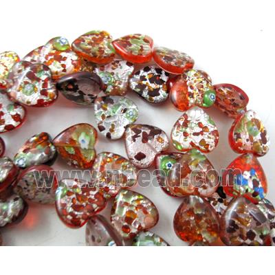 lampwork beads with silver foil, heart, red