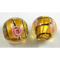 glass lampwork beads with silver foil, line, round, golden