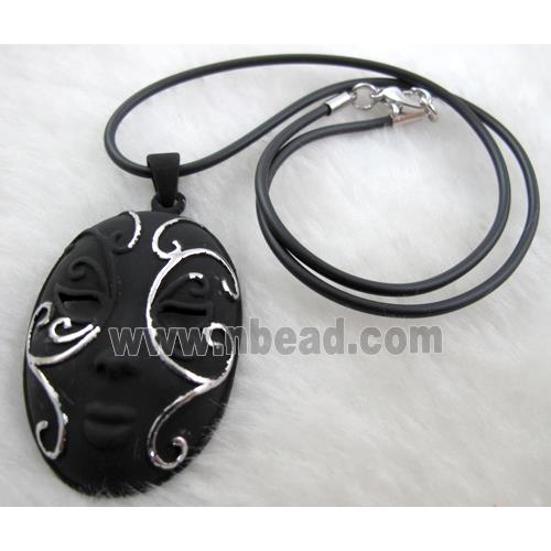 lacquered mask Necklace, alloy, rubber cord, black