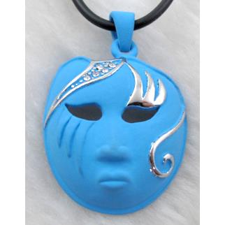 lacquered mask Necklace, alloy, rubber cord, blue