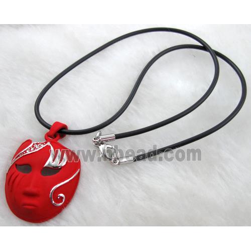 lacquered mask Necklace, alloy, rubber cord, red