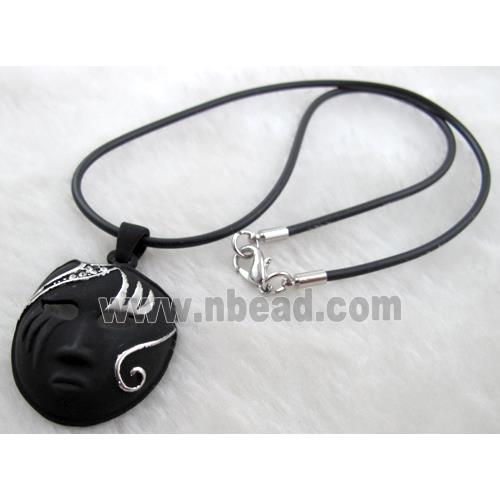 lacquered mask Necklace, alloy, rubber cord, black