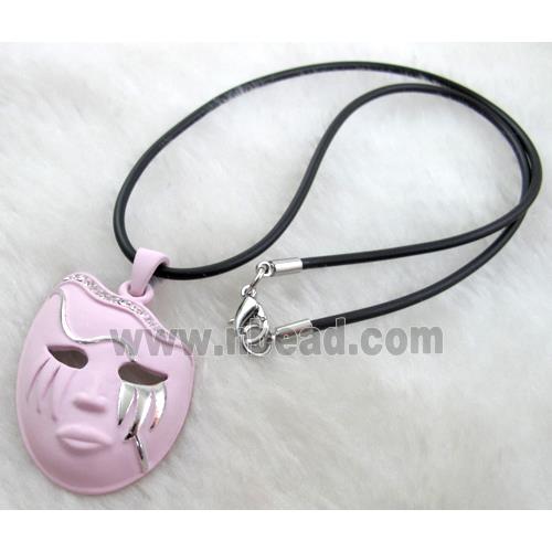 lacquered mask Necklace, alloy, rubber cord, pink