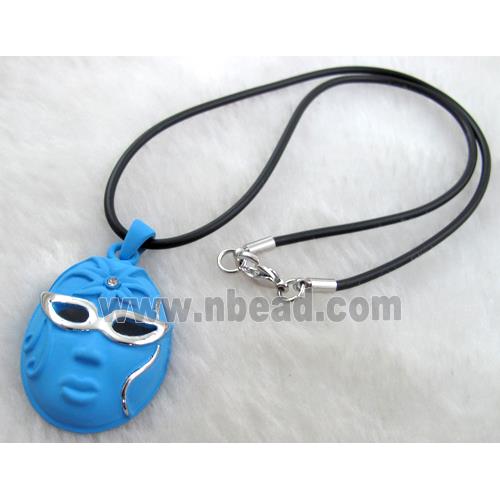 lacquered mask Necklace, alloy, rubber cord, blue