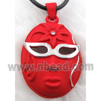 lacquered mask Necklace, alloy, rubber cord, red