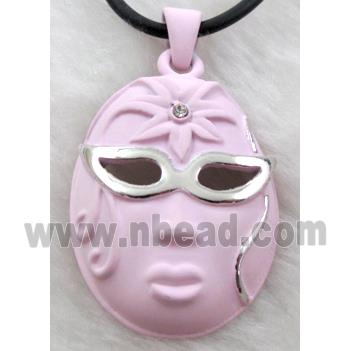 lacquered mask Necklace, alloy, rubber cord, pink