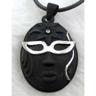 lacquered mask Necklace, alloy, rubber cord, black