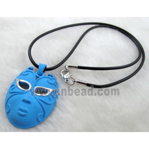 lacquered mask Necklace, alloy, rubber cord, blue